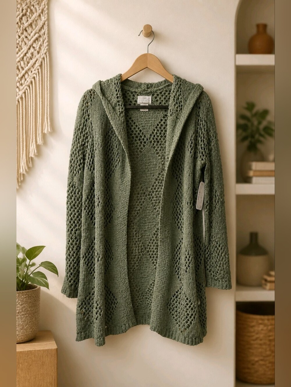 NWT Artelier Nicole Miller Open-Knit Hooded Cardigan Sweater — Sage Green Sz Sm